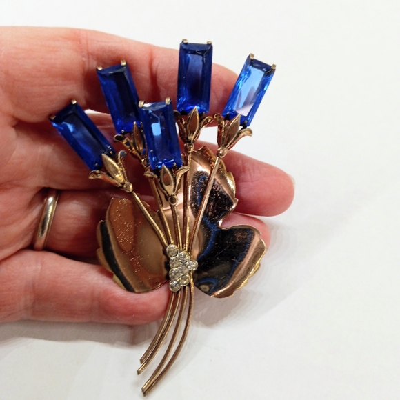 Vintage Gold Vermeil Over Signed Sterling Blue Glass Brooch